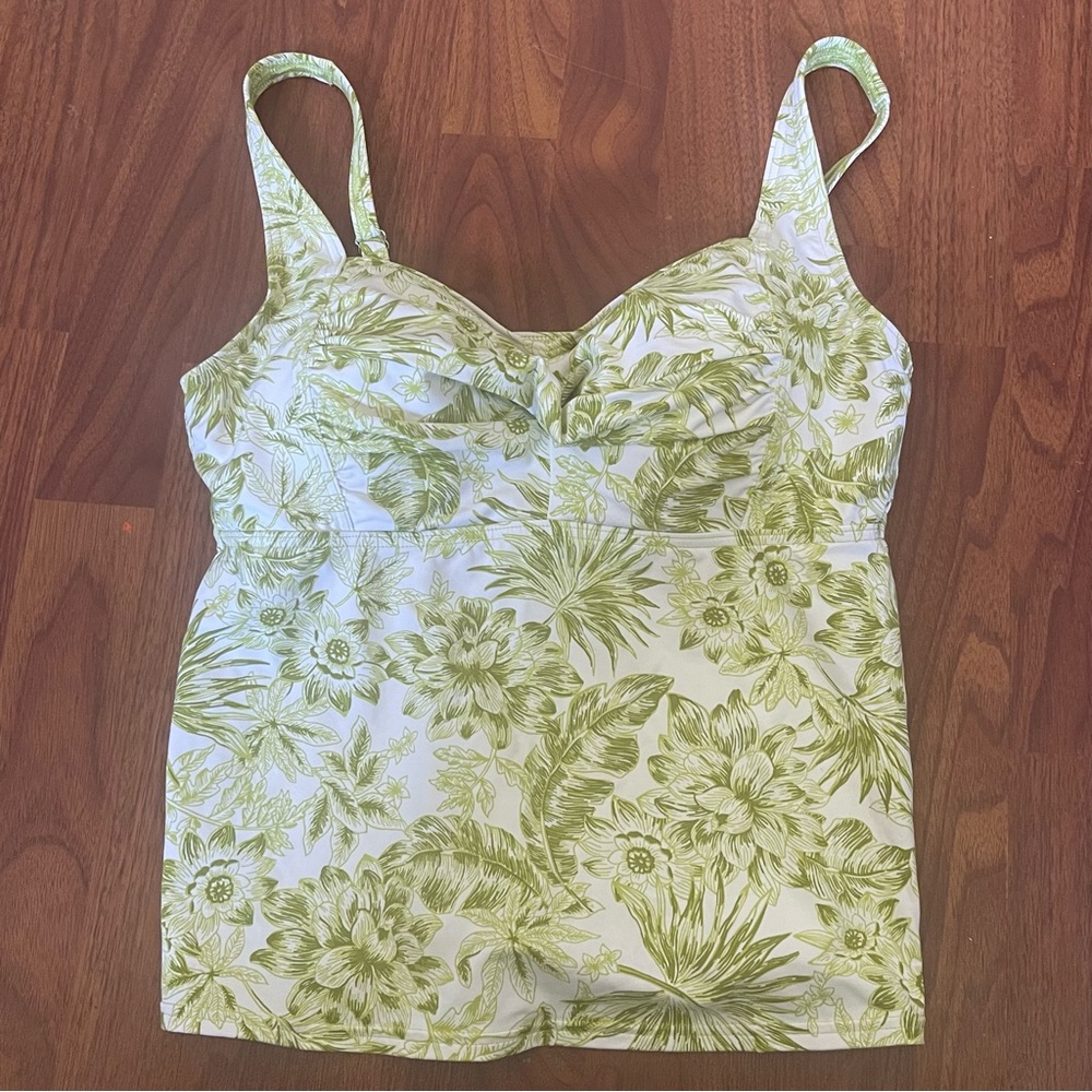 Lands End Womens Tankini Top Swimwear Green Floral Adjustable Strap Stretch 12P